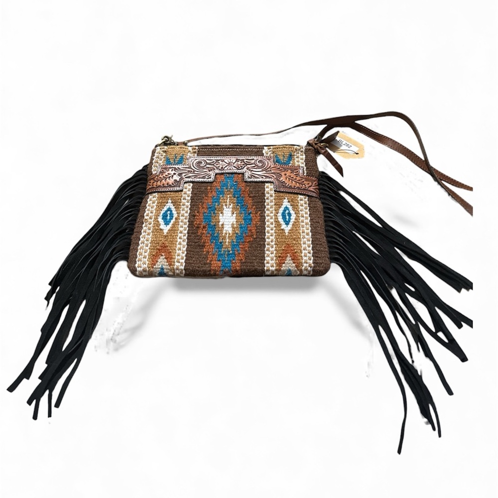 NWT Rafter T Aztec Crossbody w/ Tooled Leather and Fringe Accents - Picture 2 of 7